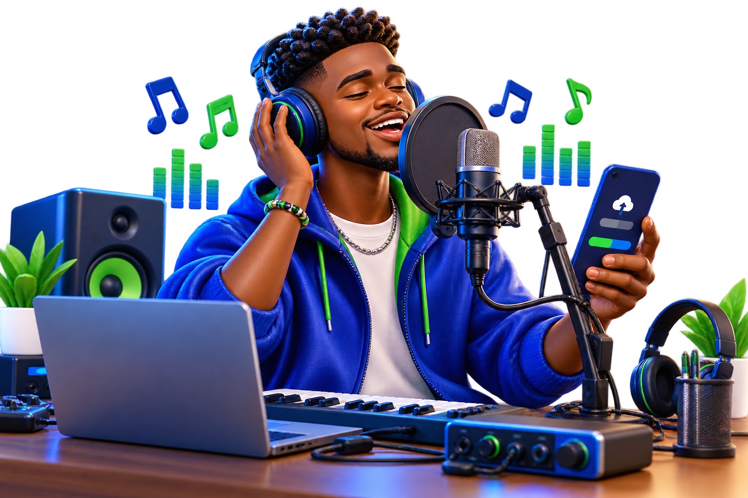 A Nigerian recording artist creating and uploading music from a studio